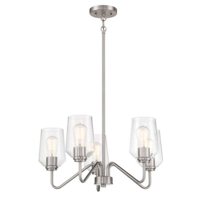 Craftmade Shayna 5 light chandelier in polished nickel with clear glass shades, perfect for contemporary and traditional interiors.