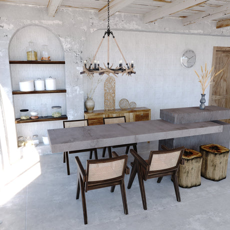 Modern dining area featuring a stylish chandelier, wooden table, and cozy chairs with a minimalist design.