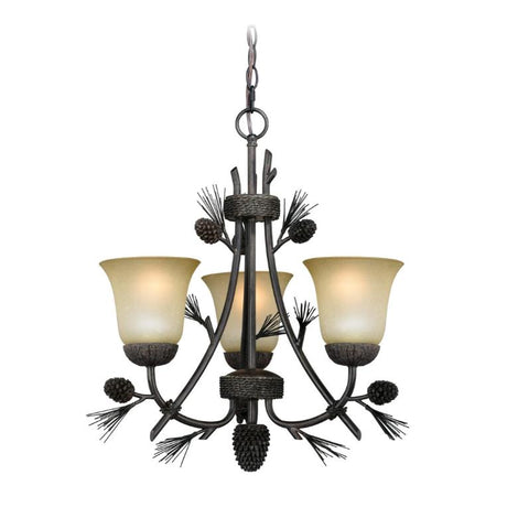 Rustic chandelier featuring antler design, natural wood accents, and elegant lampshades for a warm, inviting atmosphere.