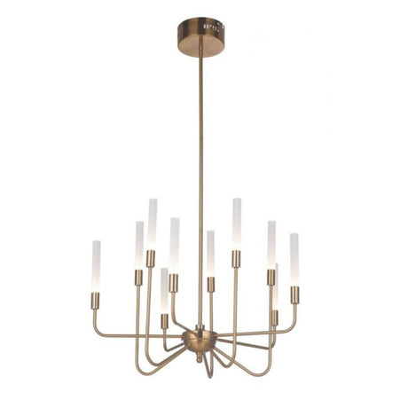 Modern brass chandelier with eight candle-like lights, adding elegance to contemporary home decor.