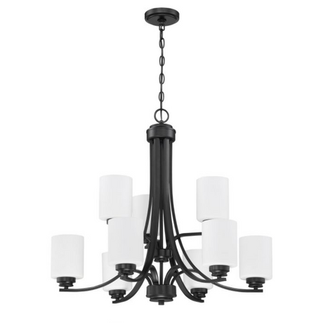 Elegant black chandelier with white glass shades, perfect for enhancing transitional home decor.