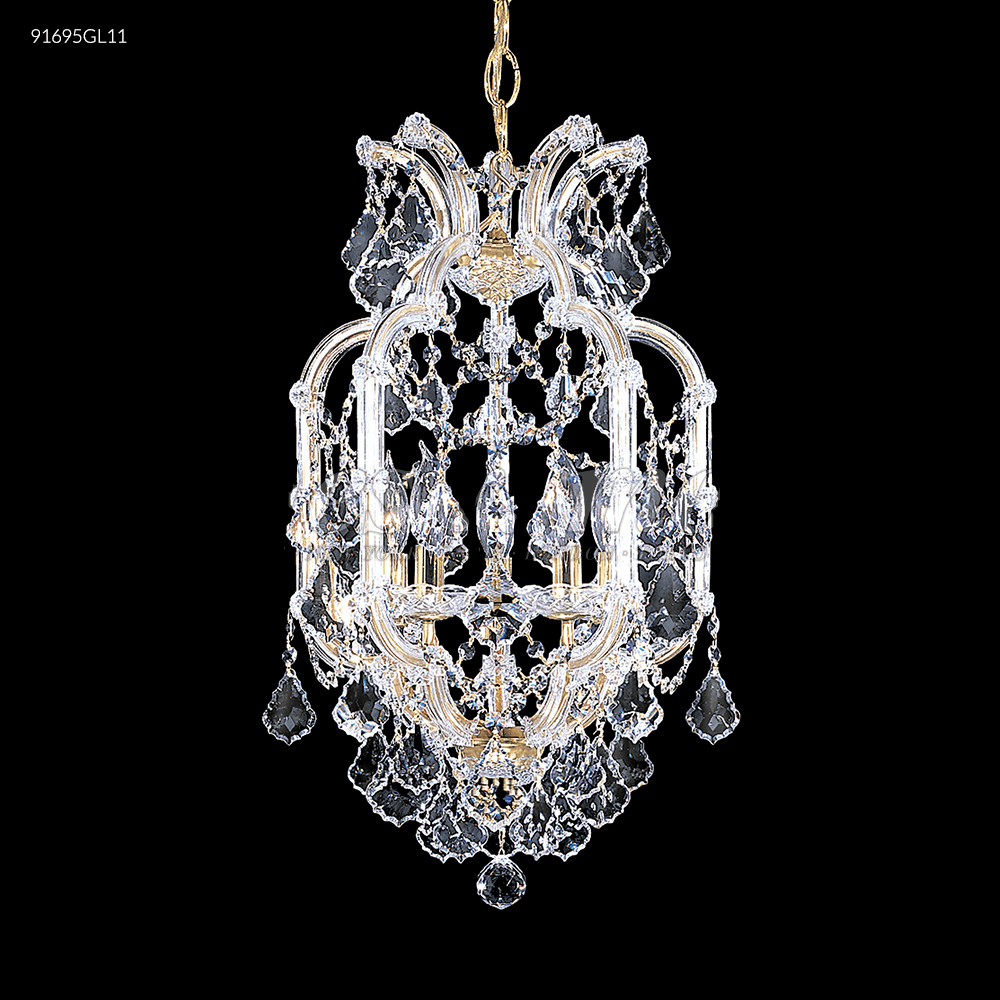 James R Moder Maria Theresa Grand 5 Light Pendant 91695GL11 featuring crystal pendalogues and gold finish. Elegant chandelier design.