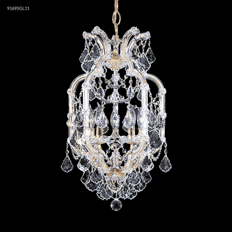 James R Moder Maria Theresa Grand 5 Light Pendant 91695GL11 featuring crystal pendalogues and gold finish. Elegant chandelier design.