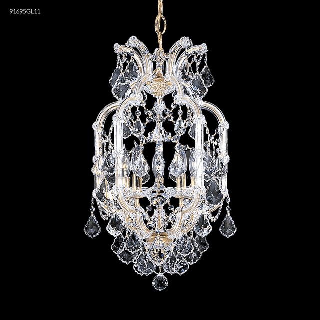 James R Moder Maria Theresa Grand 5 Light Pendant 91695GL11 featuring crystal pendalogues and gold finish. Elegant chandelier design.