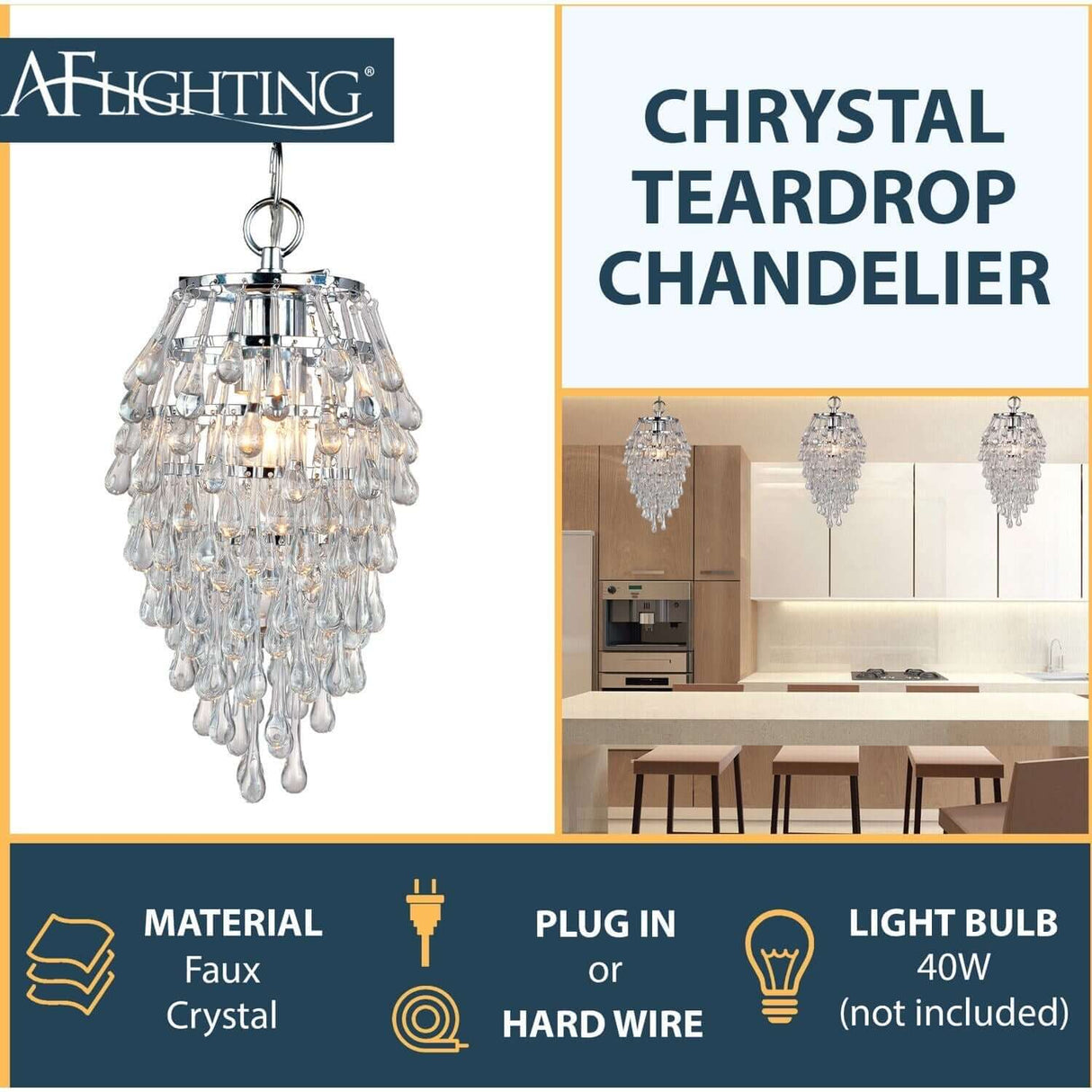 Chandelier - AF Lighting Crystal Teardrop Mini Chandelier Polished Chrome / Clear 4950-1H