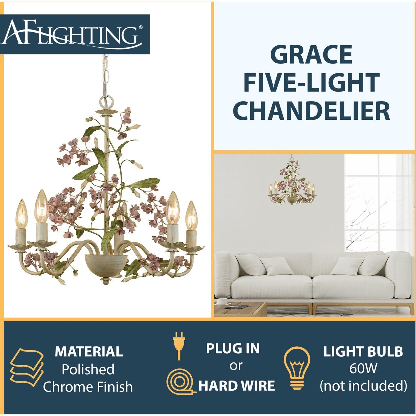 Chandelier - AF Lighting Grace Five-Light Chandelier Antique Cream 7045-5H