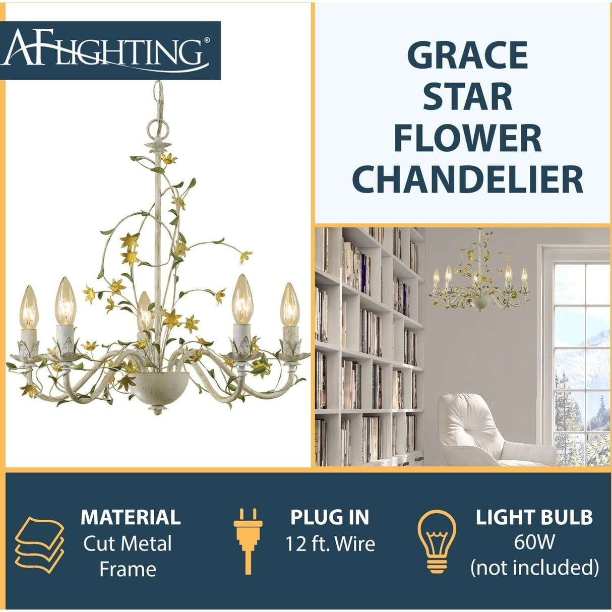 Chandelier - AF Lighting Grace Five-Light Star Flower Chandelier Antique Cream 7046-5H