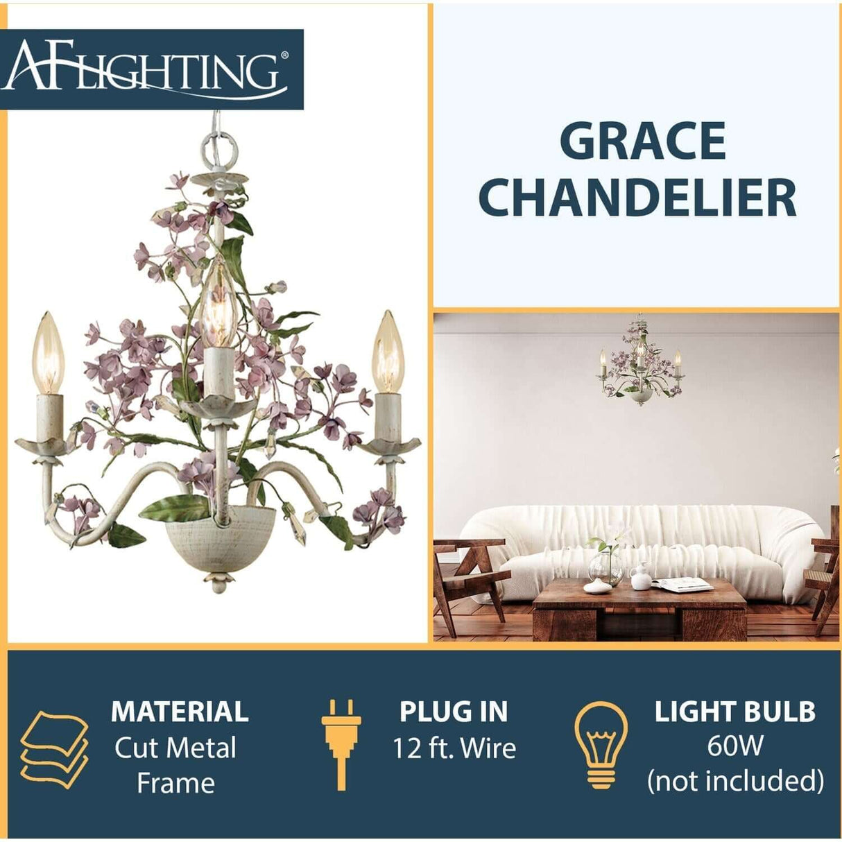 Chandelier - AF Lighting Grace Three-Light Mini Chandelier Antique Cream 7044-3H