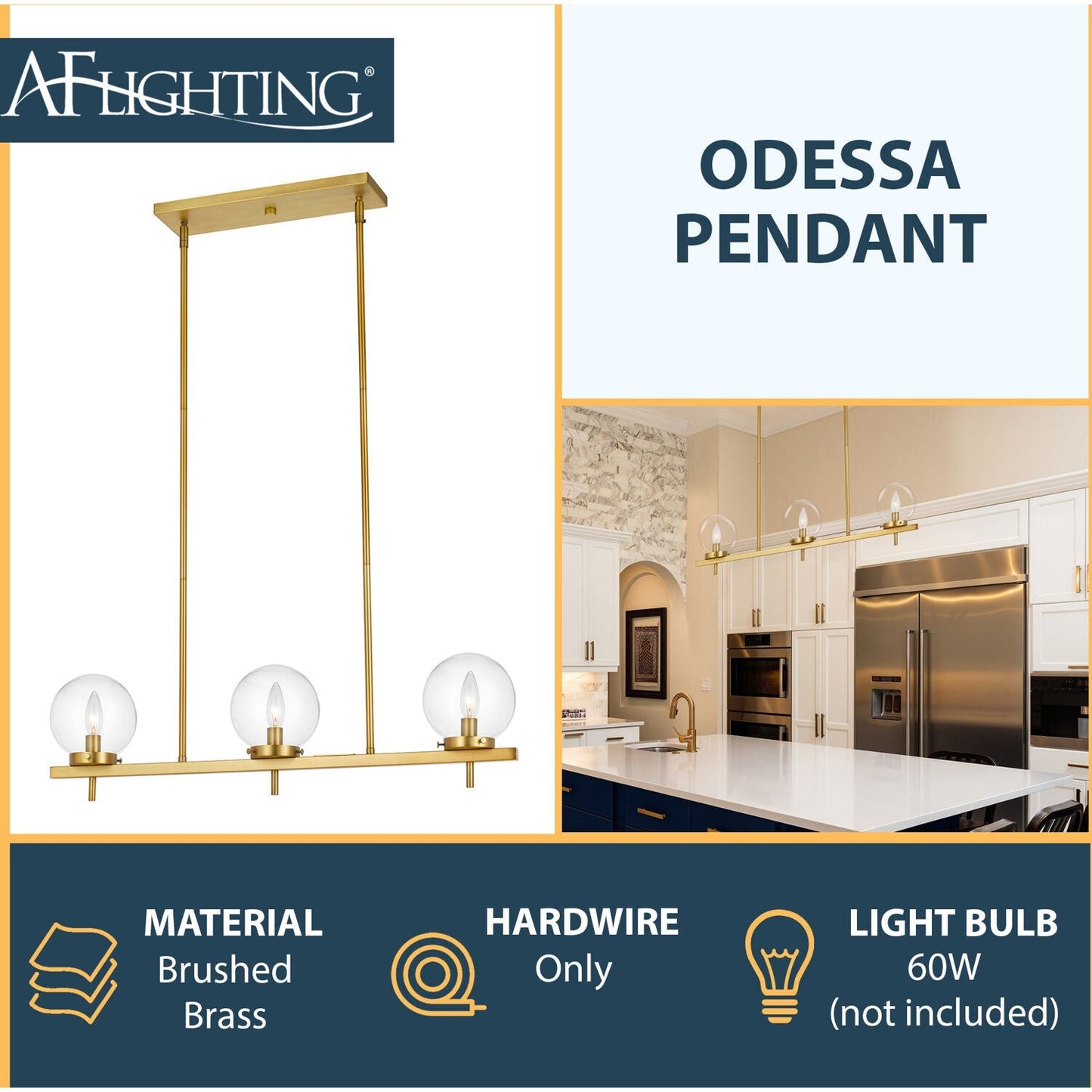 Chandelier - AF Lighting Odessa 3-Light Hanging Pendant Brushed Brass / Gold 9147-3H