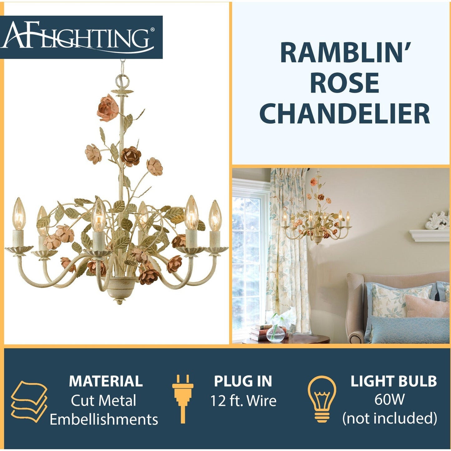 Chandelier - AF Lighting Ramblin' Rose Six-Light Chandelier Antique Cream 7050-6H