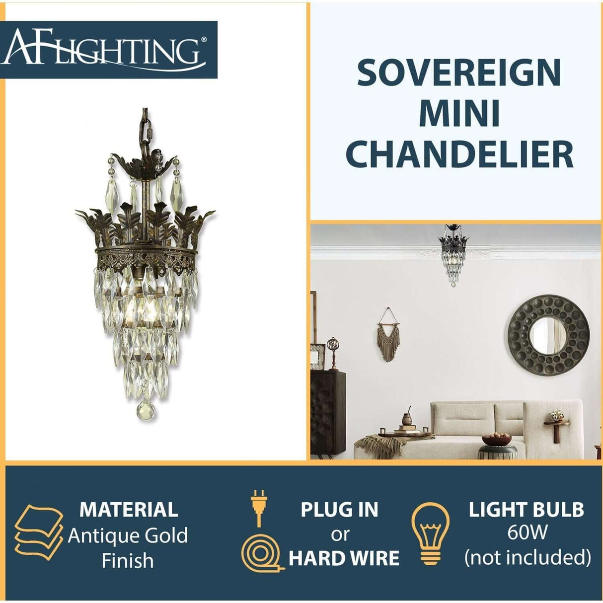 Chandelier - AF Lighting Sovereign Mini Chandelier Antique Gold 7507-1H