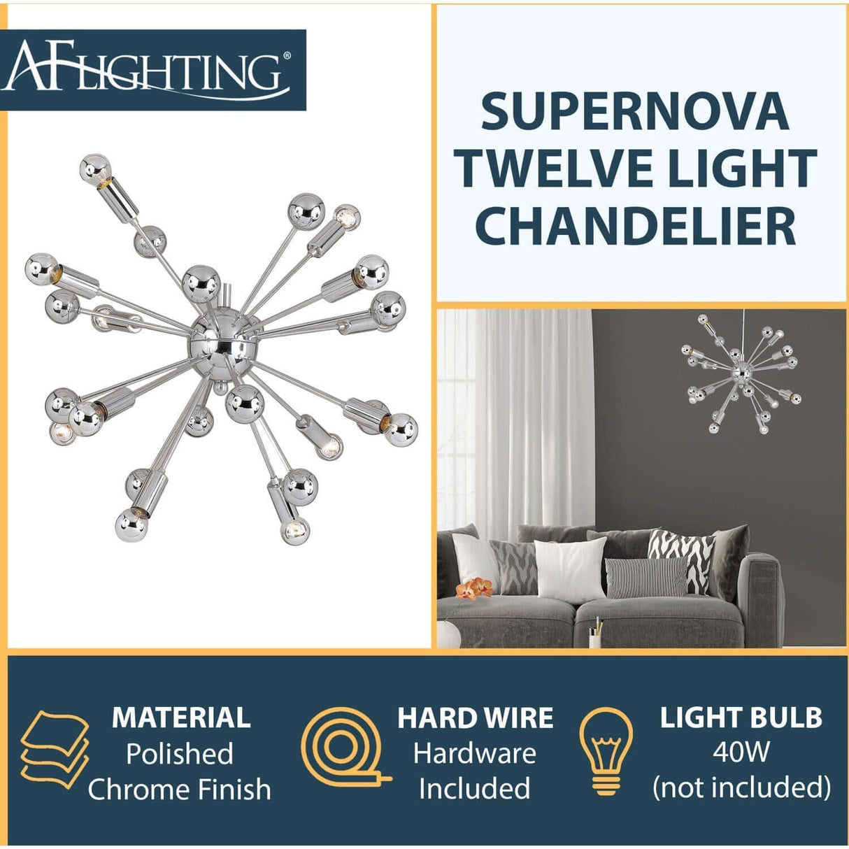 Chandelier - AF Lighting Supernova Twelve Light Chandelier Polished Chrome 5695-12H