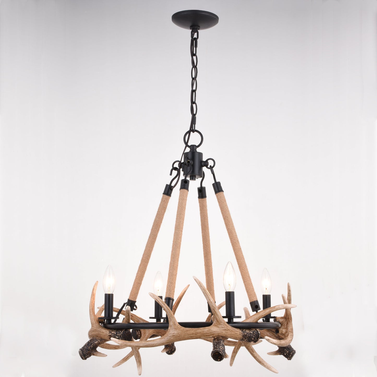 Chandelier - Breckenridge 23.25-in. 4 Light Antler Chandelier Aged Iron With Natural Rope H0262