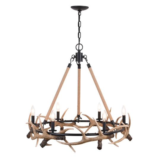 Chandelier - Breckenridge 30.5-in. 6 Light Antler Chandelier Aged Iron With Natural Rope H0261