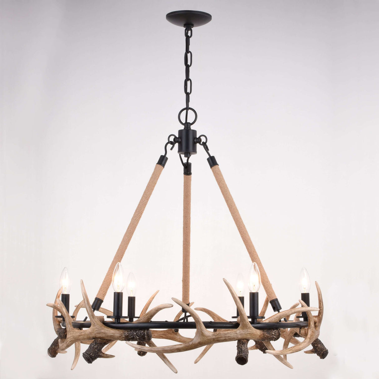 Chandelier - Breckenridge 30.5-in. 6 Light Antler Chandelier Aged Iron With Natural Rope H0261