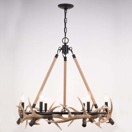 Chandelier - Breckenridge 30.5-in. 6 Light Antler Chandelier Aged Iron With Natural Rope H0261