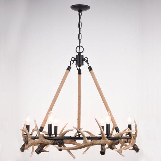 Chandelier - Breckenridge 30.5-in. 6 Light Antler Chandelier Aged Iron With Natural Rope H0261