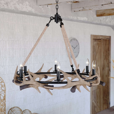 Chandelier - Breckenridge 30.5-in. 6 Light Antler Chandelier Aged Iron With Natural Rope H0261