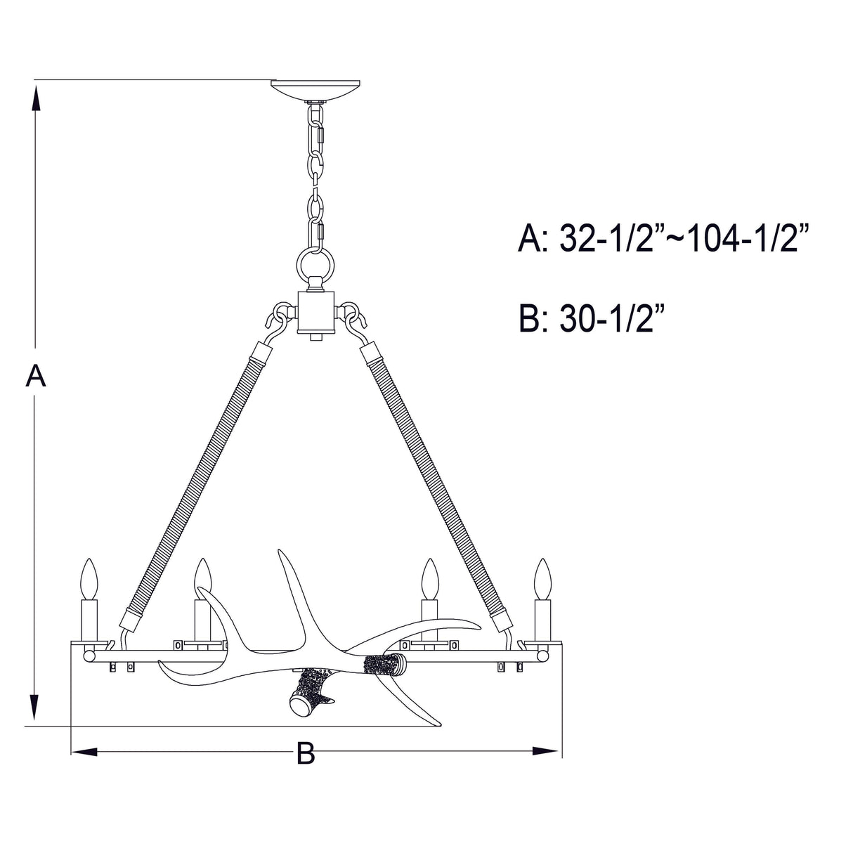 Chandelier - Breckenridge 30.5-in. 6 Light Antler Chandelier Aged Iron With Natural Rope H0261