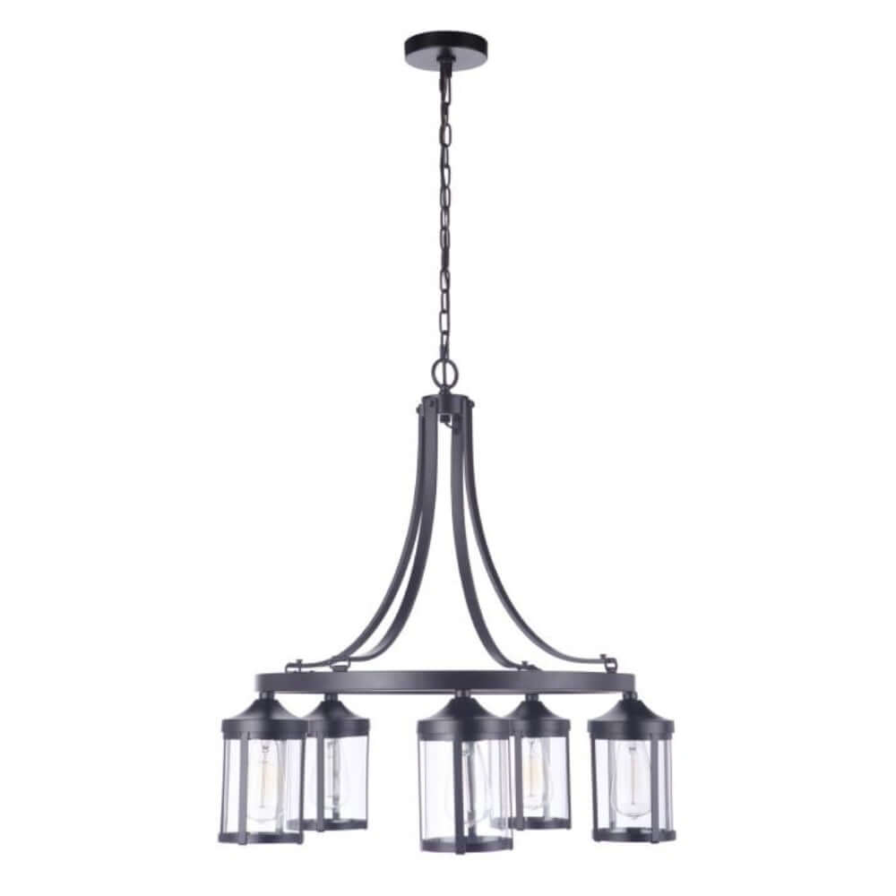 Craftmade Elliot 5 Light Chandelier in Flat Black, showcasing clear glass shades and modern design. Ideal for any space.