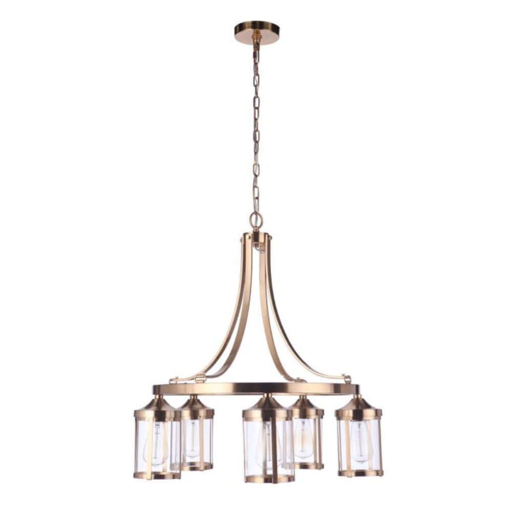 Craftmade Elliot 5 Light Chandelier in Satin Brass with clear glass shades, adding modern elegance to any space.