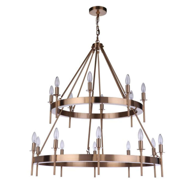 Craftmade Larrson 18 Light Chandelier in Satin Brass with modern two-tier design and radiant illumination.