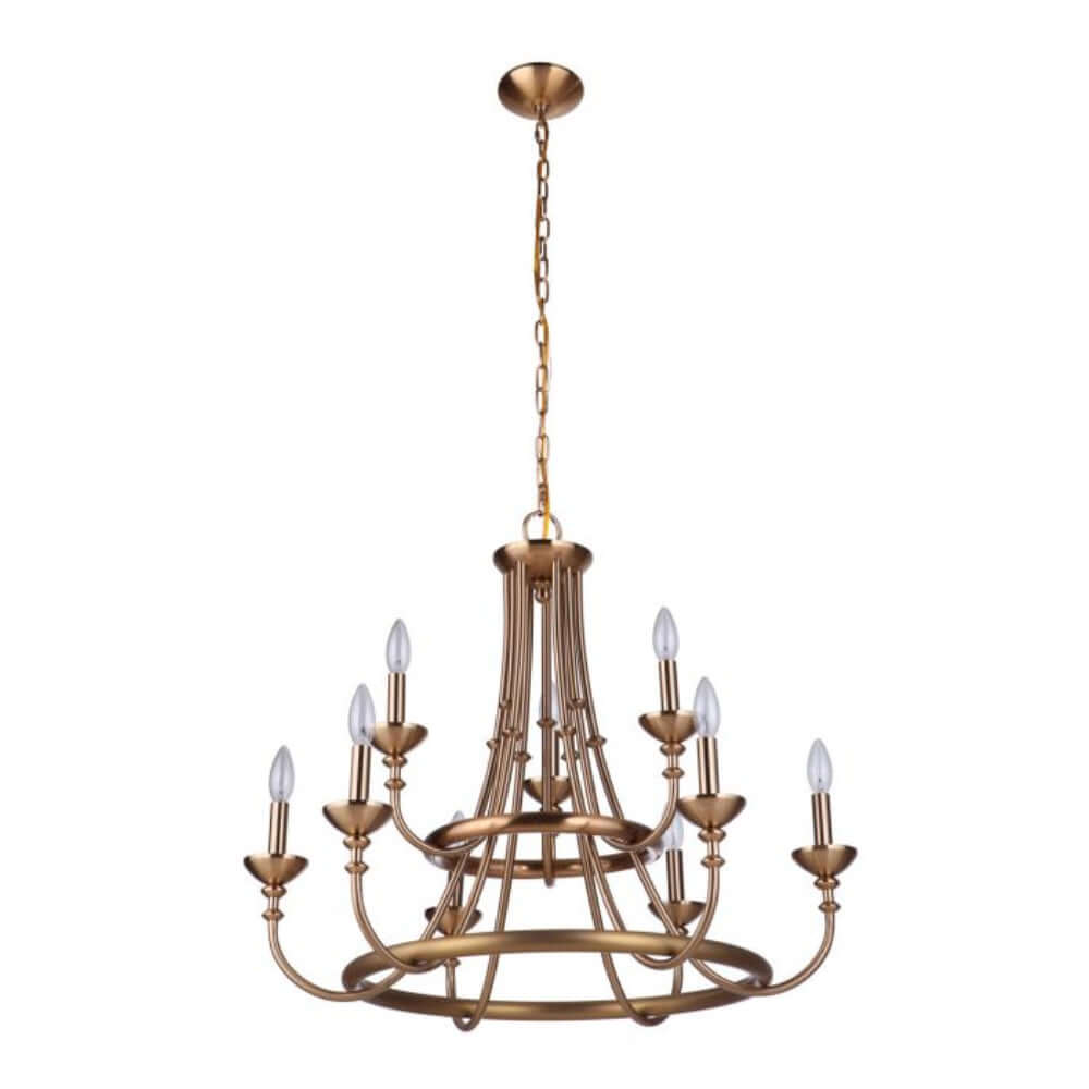 Craftmade Marlowe 9 Light Chandelier in Satin Brass showcasing clean lines and elegant curves for transitional decor.