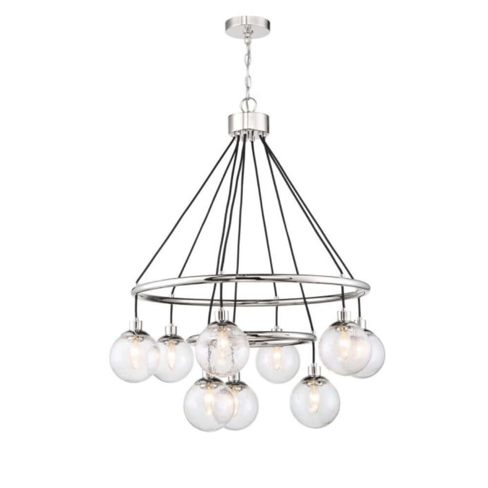 Craftmade Que 9 Light Chandelier in chrome with clear seeded glass globes, perfect for modern home decor.