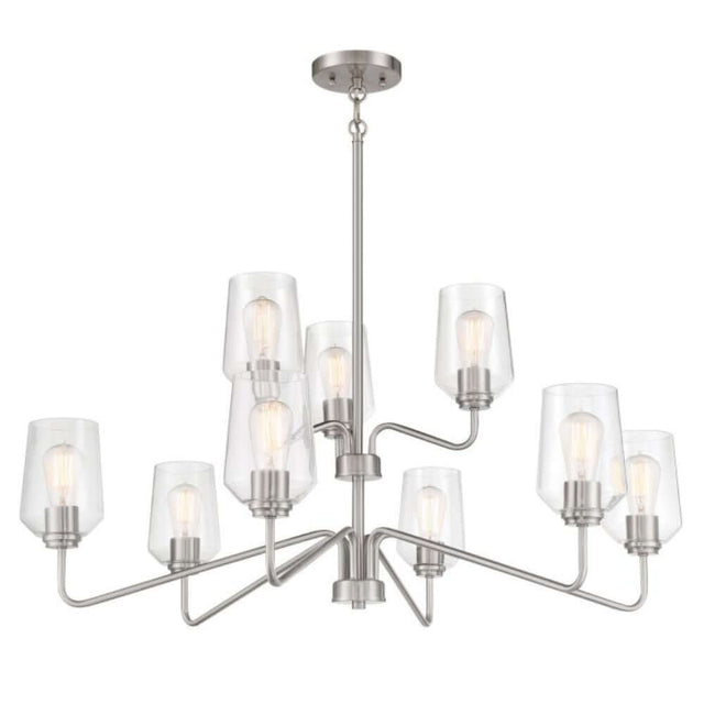 Craftmade Shayna 9 Light Chandelier in Nickel finish with glass shades, ideal for enhancing larger spaces with elegant lighting.