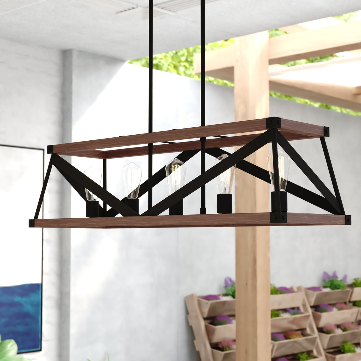 Chandelier - Wade 36-in. 5 Light Linear Chandelier Matte Black And Sycamore H0268