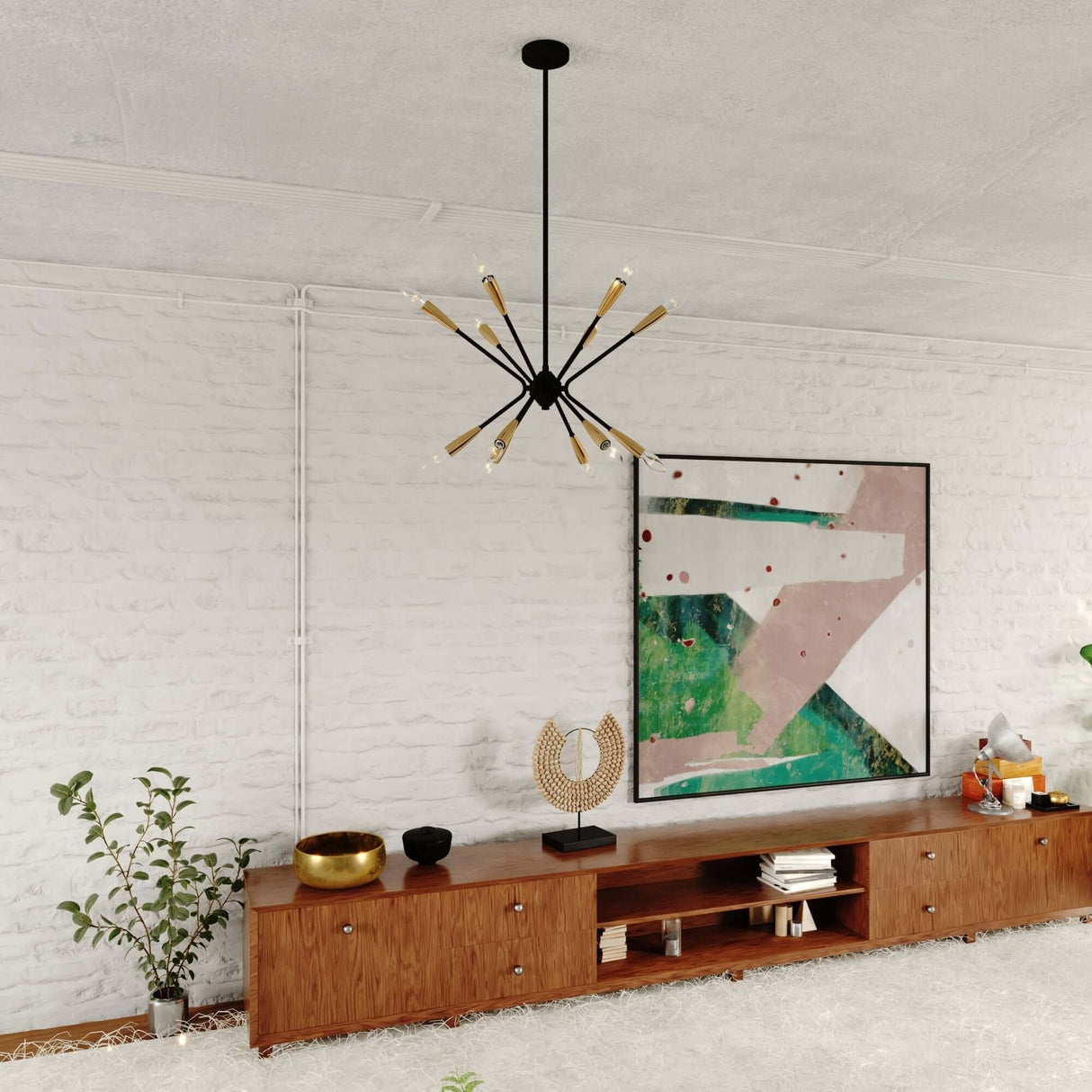 Pendant - Ellis 25.25-in. 12 Light Pendant Matte Black And Satin Brass P0375