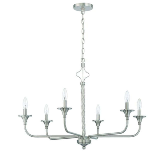 Craftmade Jolenne 6 Light Chandelier in polished nickel with elegant swirled center and slender arms.