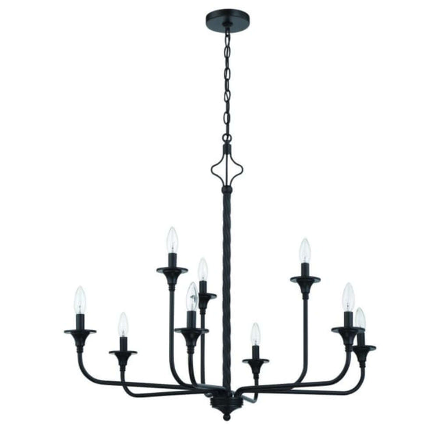 Craftmade Jolenne 9 Light Two-Tier Chandelier in Flat Black, featuring elegantly swirled columns and exposed bulbs.