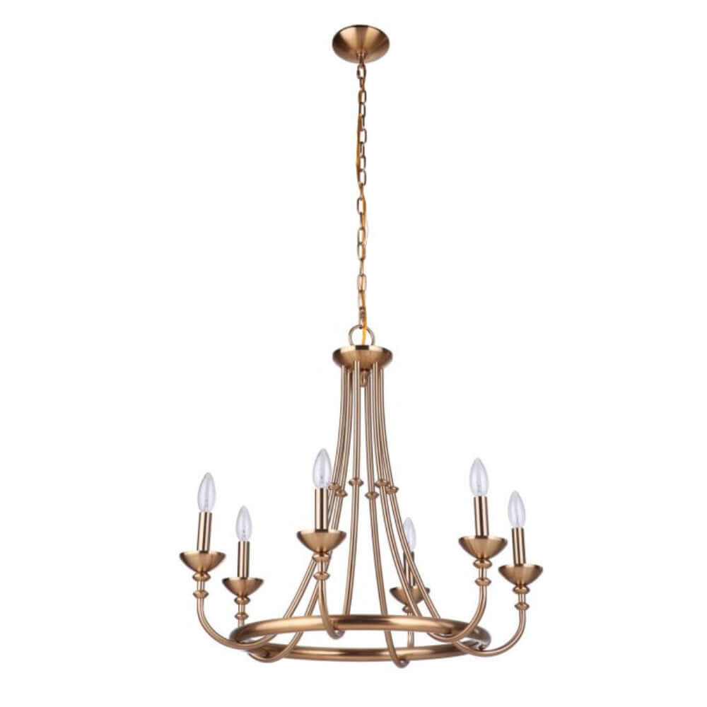 Craftmade Marlowe 6 Light Chandelier in Satin Brass with elegant curves and clean lines for transitional decor.