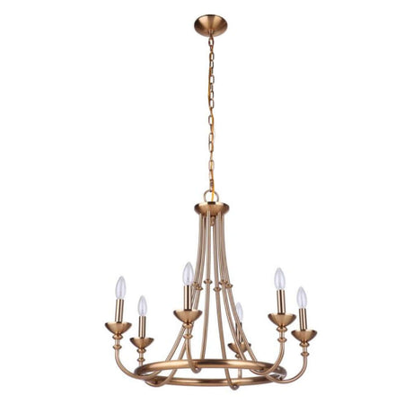 Craftmade Marlowe 6 Light Chandelier in Satin Brass with elegant curves and clean lines for transitional decor.