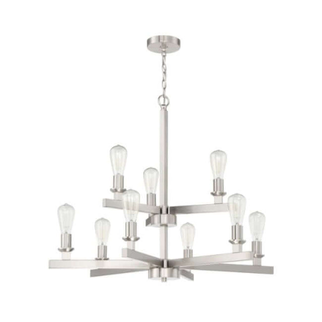 Craftmade Chicago 9 Light Chandelier in Polished Nickel with two tiers and industrial chic design.