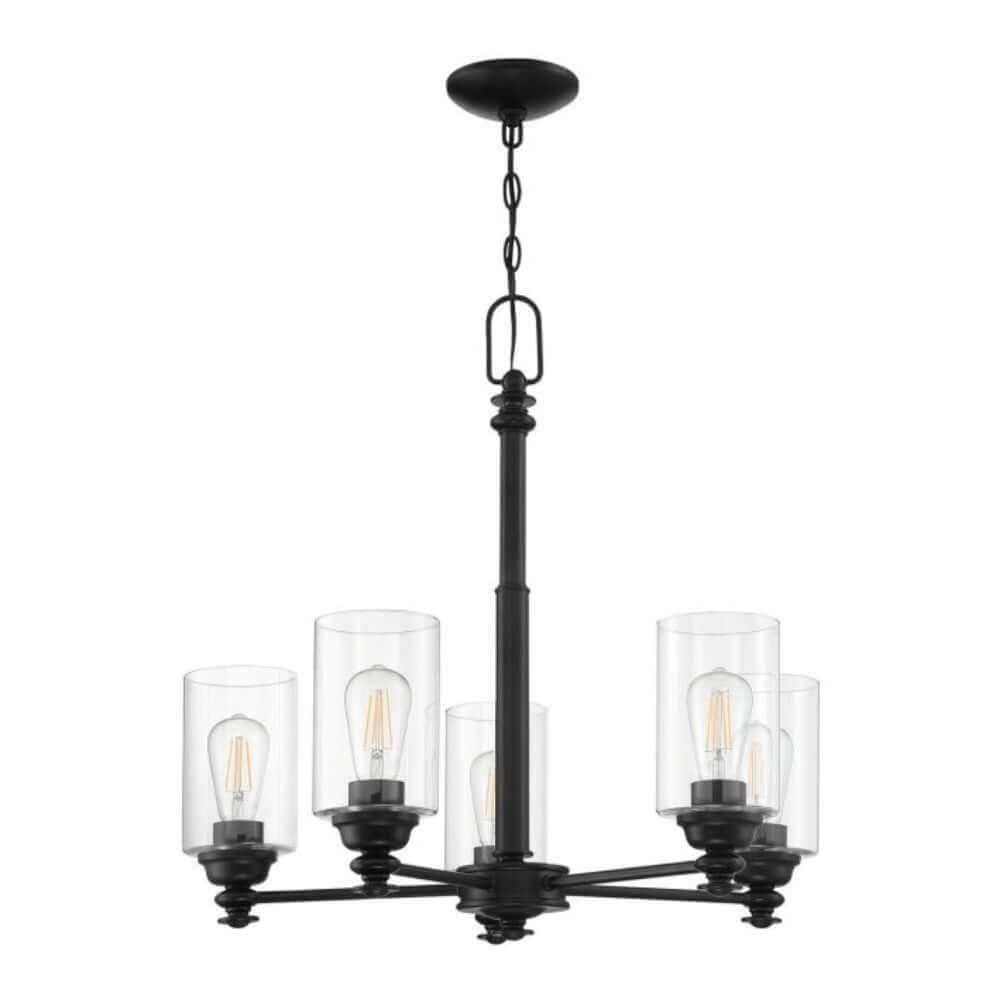 Craftmade Dardyn 5 Light Chandelier in Flat Black with clear glass shades, perfect for adding elegance to any room.