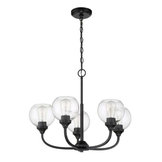 Craftmade Glenda 5 Light Chandelier in Flat Black finish with clear glass globes, perfect for adding elegance to any room.