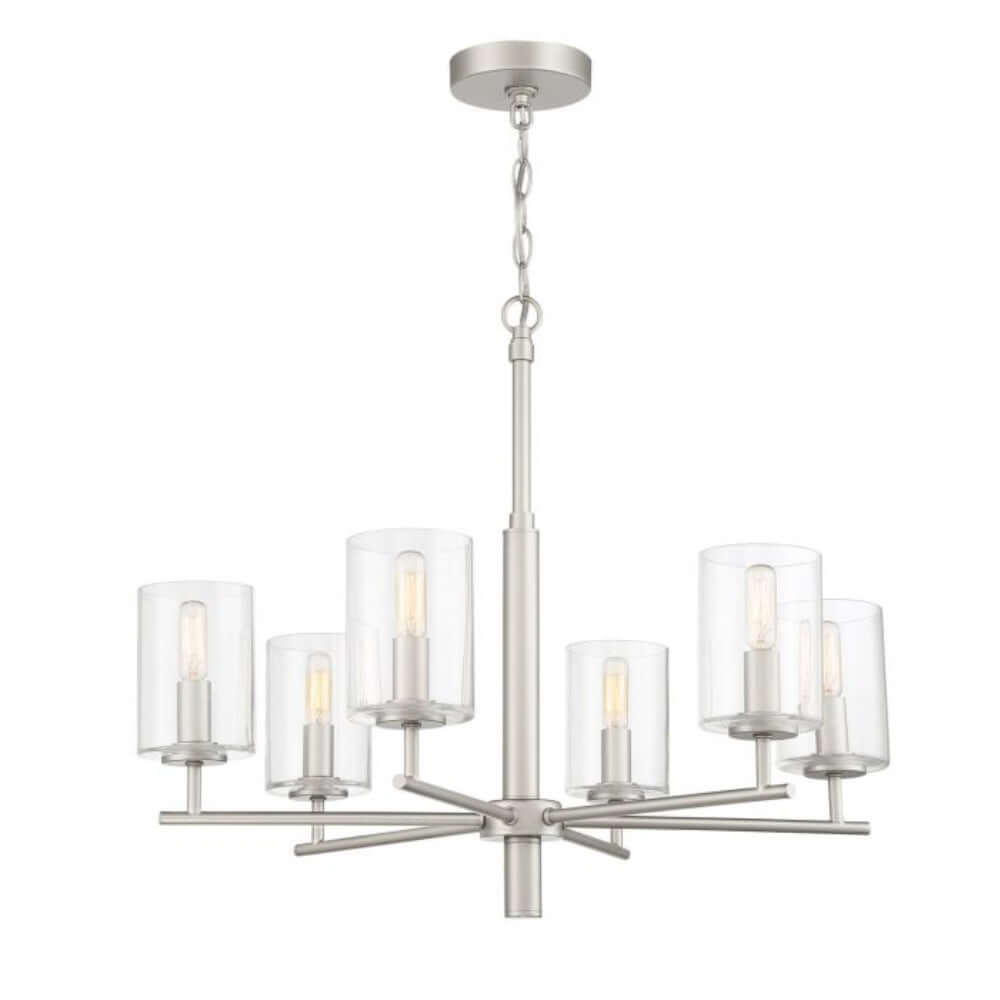 Craftmade Hailie 6 Light Chandelier in polished nickel with clear glass cylinders, showcasing modern elegance and minimalistic design.