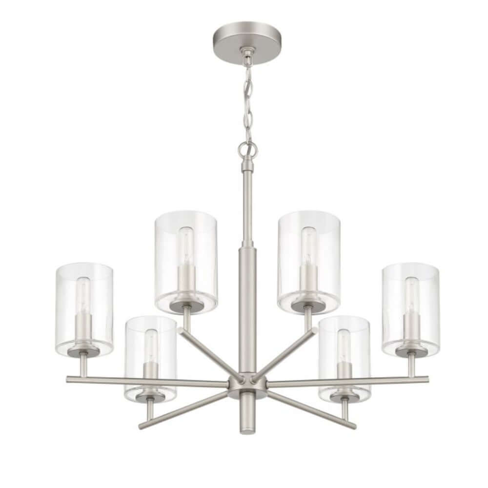 Craftmade Hailie 6 Light Chandelier in polished nickel with clear glass cylinder globes and sleek minimalistic design.