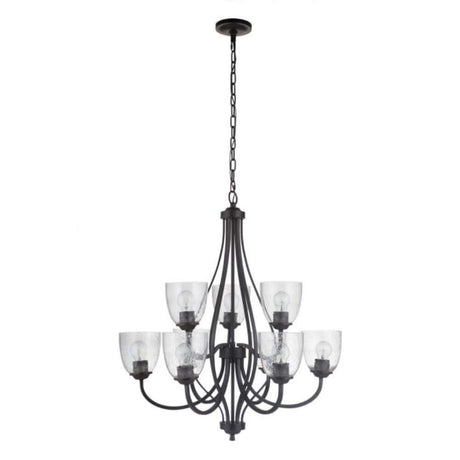 Craftmade Serene 9 Light Chandelier in Espresso finish with clear seeded glass shades, showcasing rustic elegance and tranquil design.